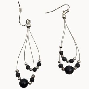 Womens Boho 2.5" Dangle Earrings Black Silver Bead Wire Teardrop Dangle Handmade